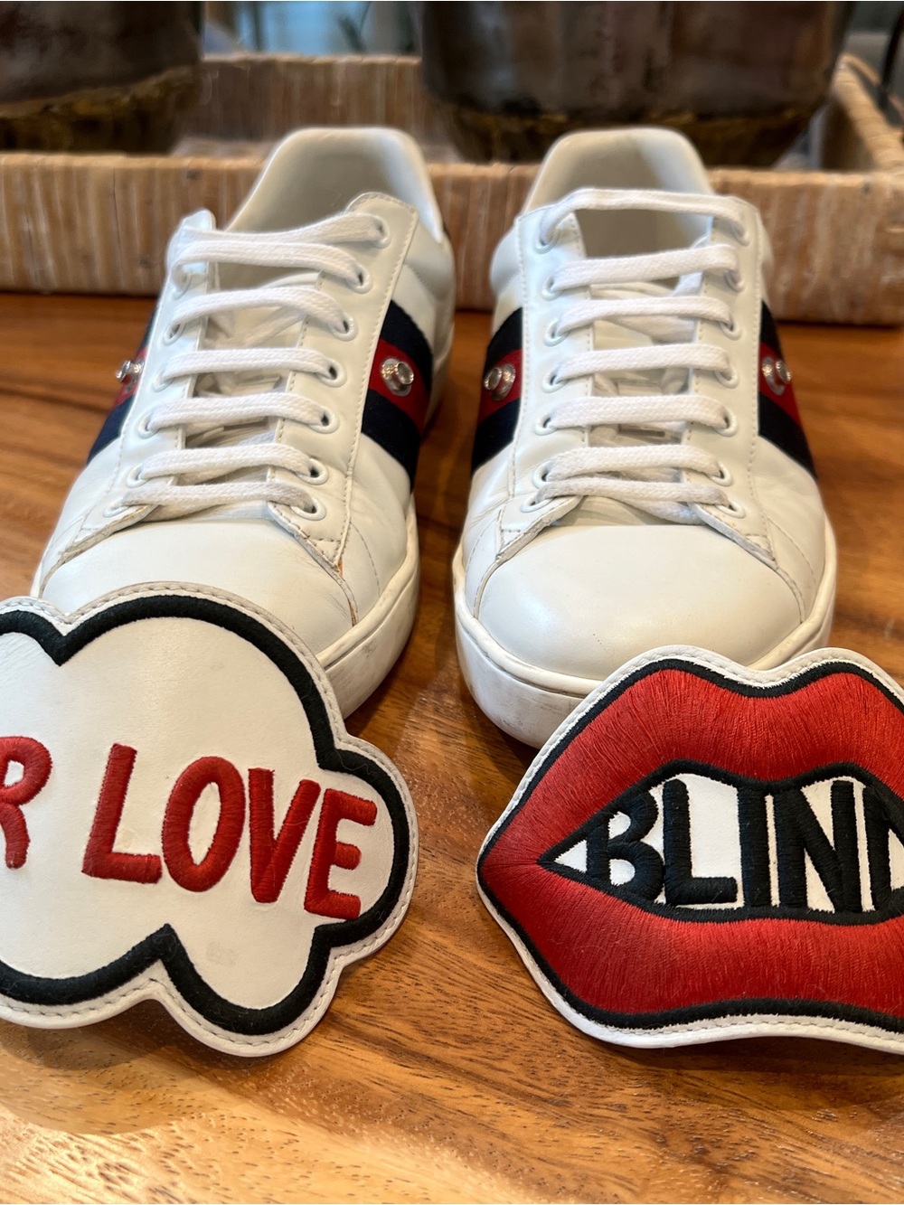 GUCCI Ace Sneakers “Blind For Love” 470012 White Leather Size 42 /US 9 Authentic - Picture 7 of 11